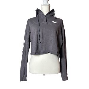 PINK Victoria's Secret Varsity Cropped Gray Hoodie Long Sleeve Pullover Top‎